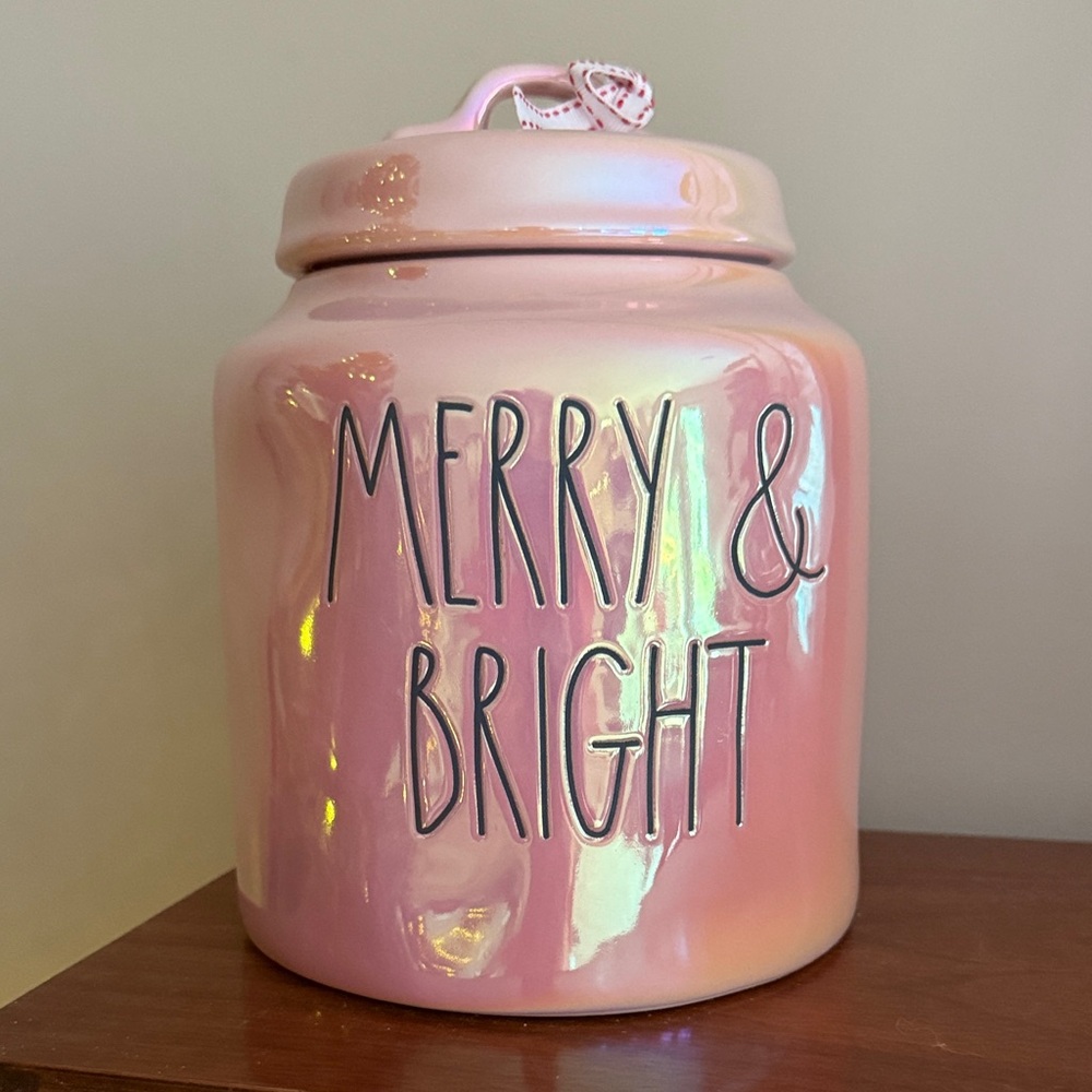 Rae Dunn pink opalescent large canister Merry & Bright holiday Christmas -NEW